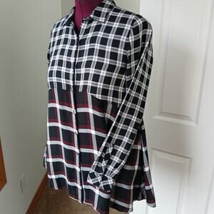 J.Jill Mixed Plaid Tunic Shirt Dress XS Petite black white red POCKETS button up